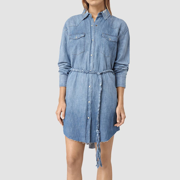 All Saints Dresses & Skirts - All Saints Chambray Blue Long Sleeve Button Up Knee Length Shirt Dress Size 10